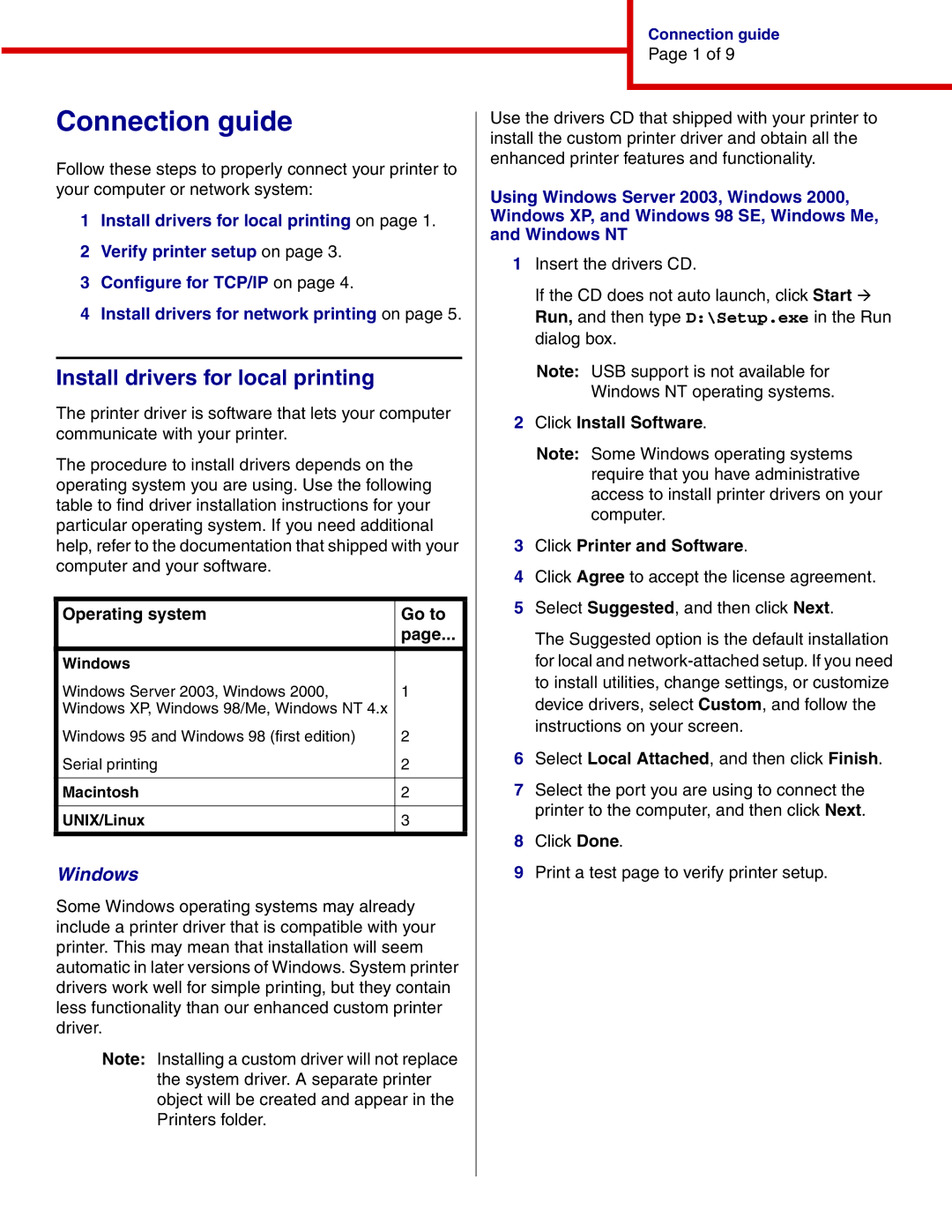 IBM 1464, 1454 manual Connection guide, Install drivers for local printing, Windows, Operating system Go to 