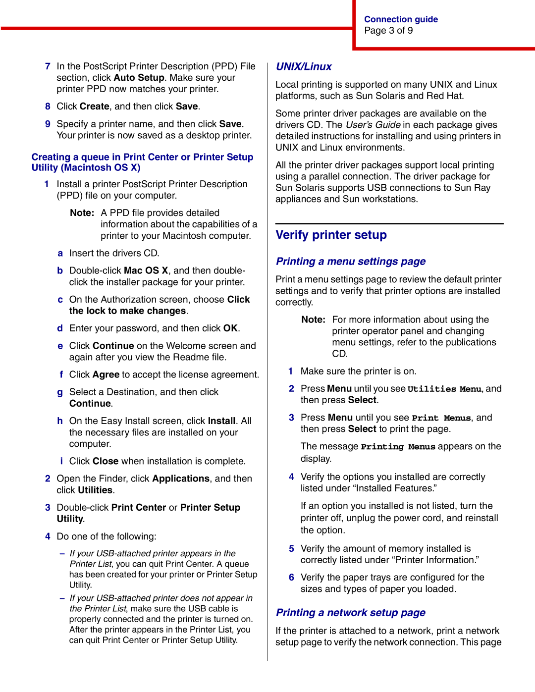 IBM 1464, 1454 manual Verify printer setup, UNIX/Linux, Printing a menu settings, Printing a network setup 