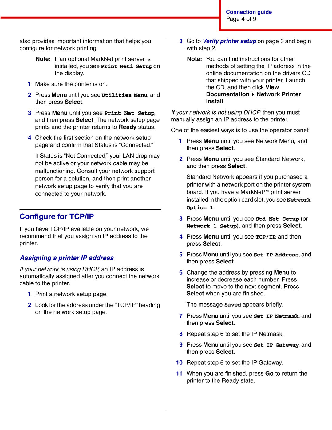 IBM 1454, 1464 manual Configure for TCP/IP, Assigning a printer IP address, Documentation Network Printer Install 