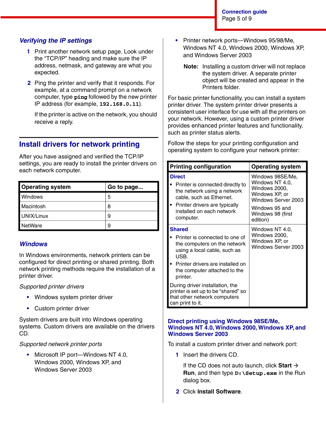 IBM 1464, 1454 Install drivers for network printing, Verifying the IP settings, Printing configuration Operating system 