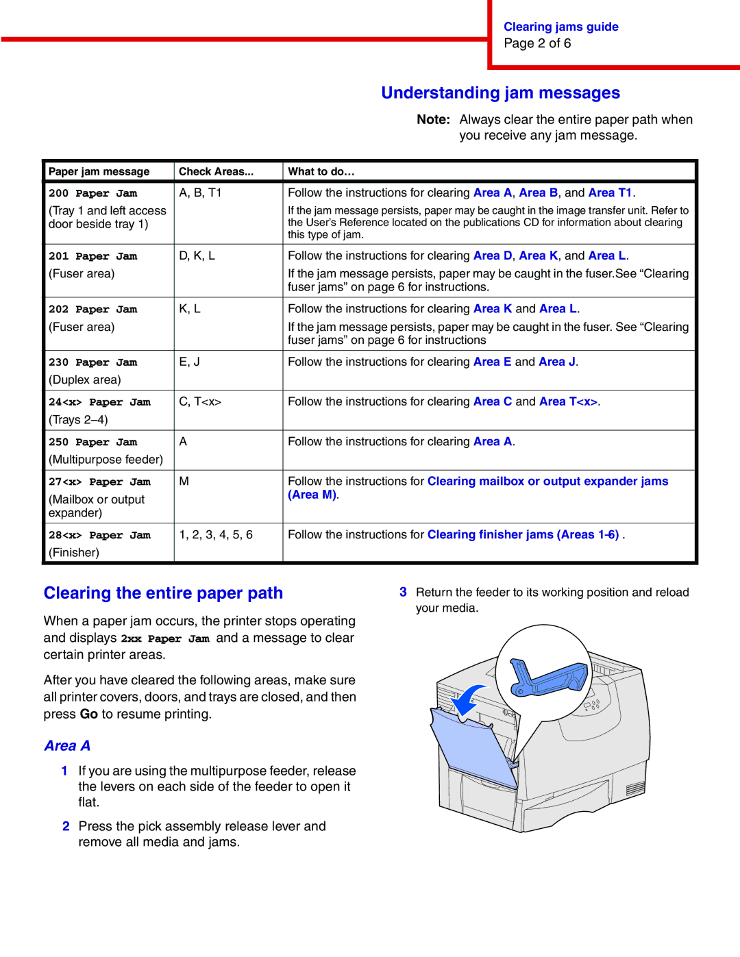 IBM 1464, 1454 manual Understanding jam messages, Clearing the entire paper path, Area a 