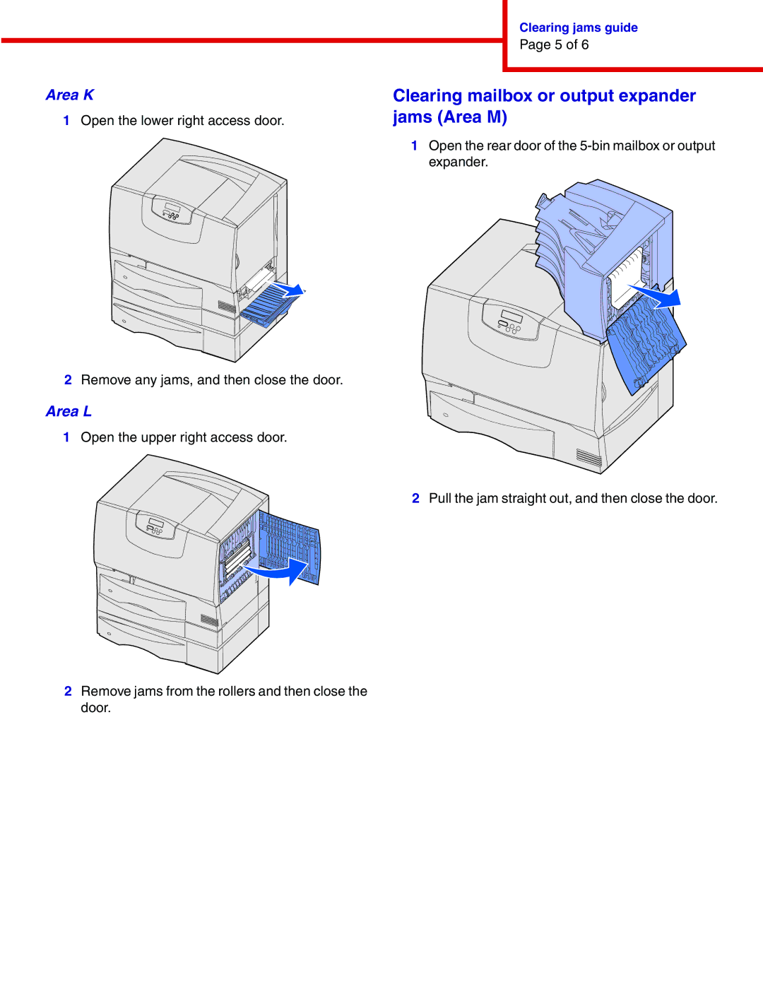 IBM 1454, 1464 manual Clearing mailbox or output expander jams Area M, Area K, Area L 