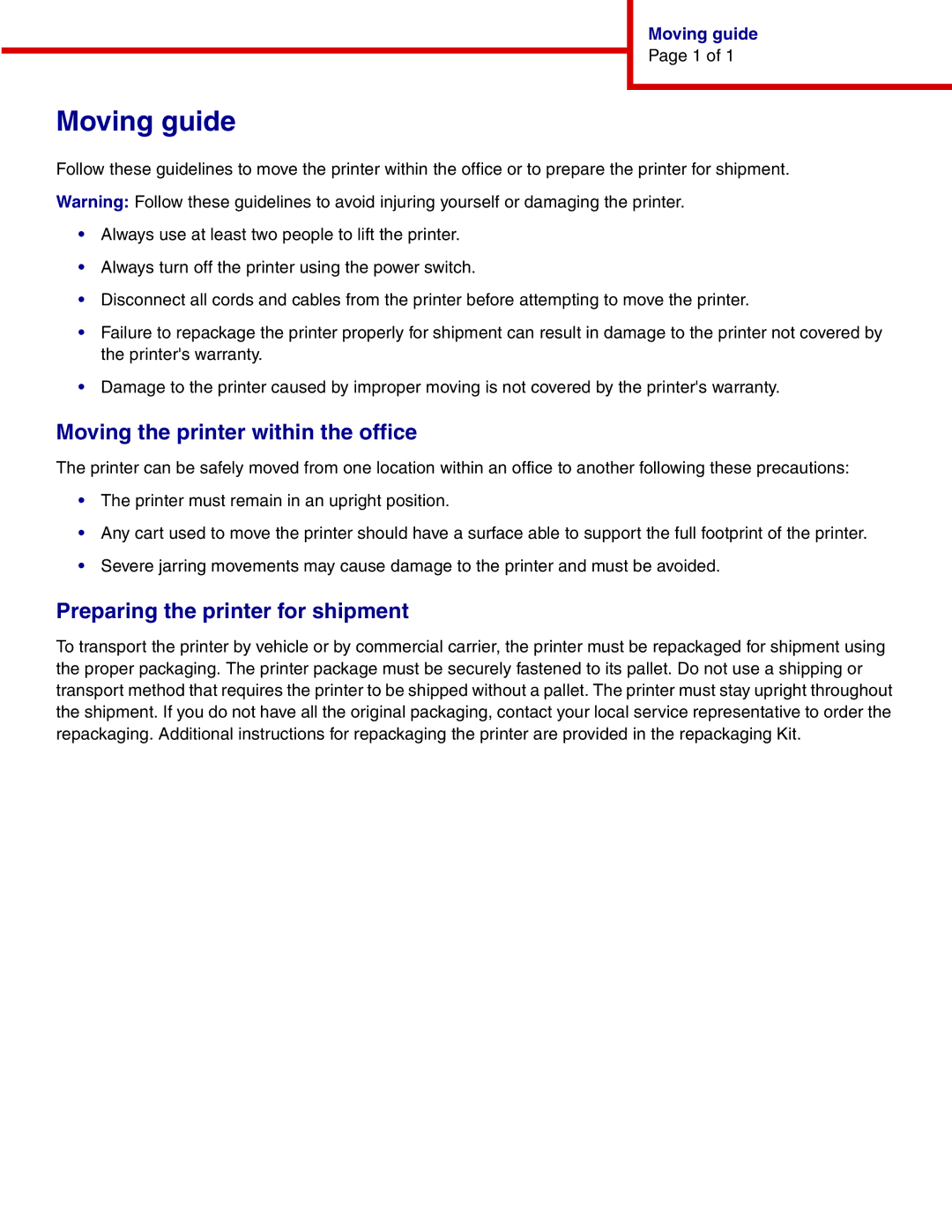 IBM 1454, 1464 manual Moving guide, Moving the printer within the office, Preparing the printer for shipment 