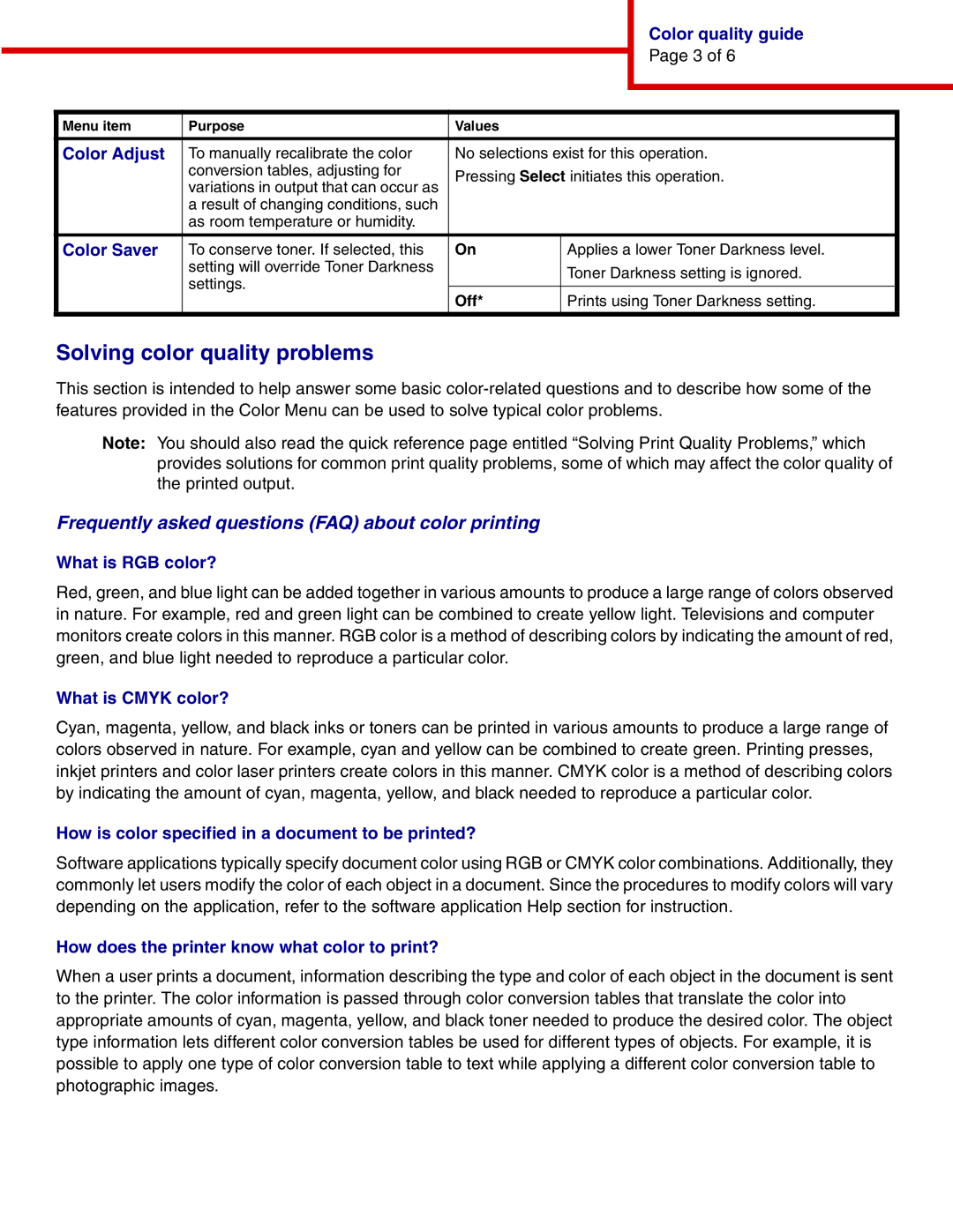 IBM 1464, 1454 manual Solving color quality problems, Frequently asked questions FAQ about color printing 