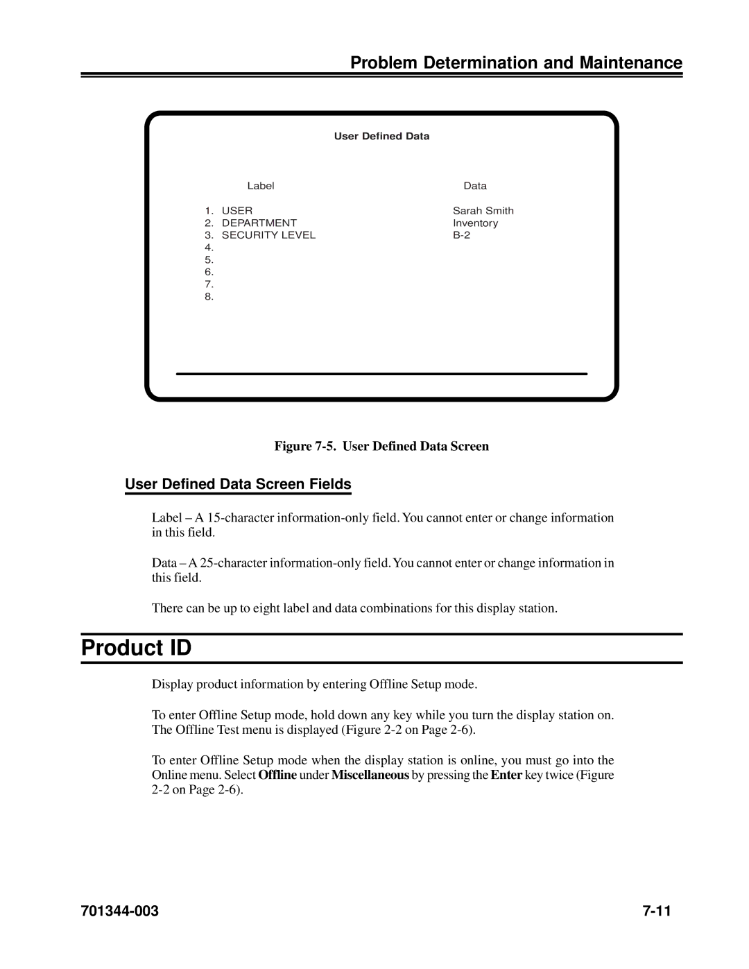 IBM 1483DSV manual Product ID, User Defined Data Screen Fields 