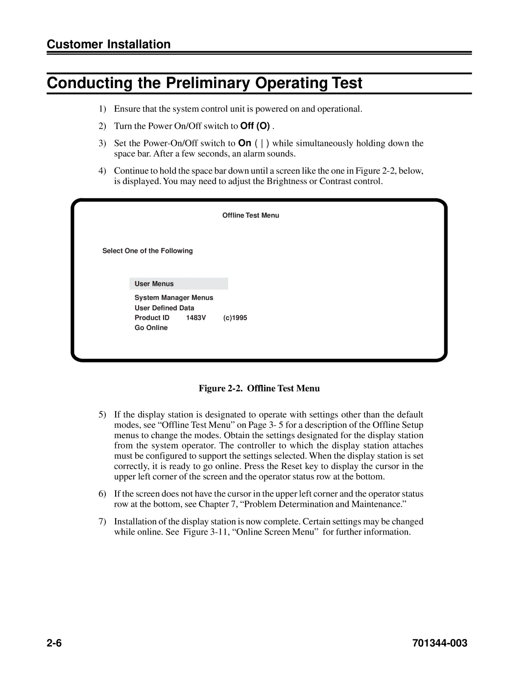 IBM 1483DSV manual Conducting the Preliminary Operating Test, Offline Test Menu 