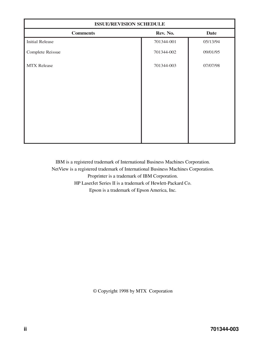 IBM 1483DSV manual 701344-003, ISSUE/REVISION Schedule 