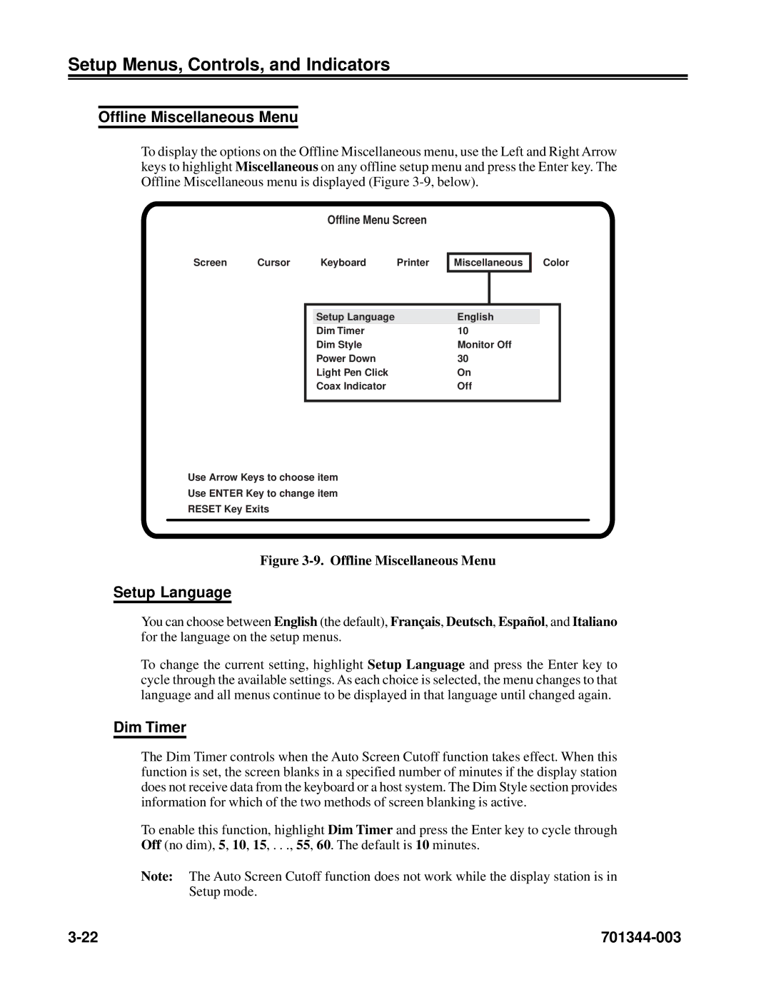 IBM 1483DSV manual Offline Miscellaneous Menu, Setup Language, Dim Timer 