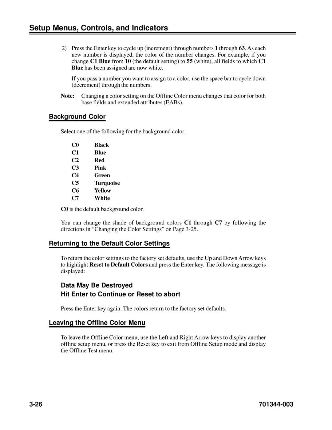 IBM 1483DSV manual Background Color, Returning to the Default Color Settings, Leaving the Offline Color Menu 