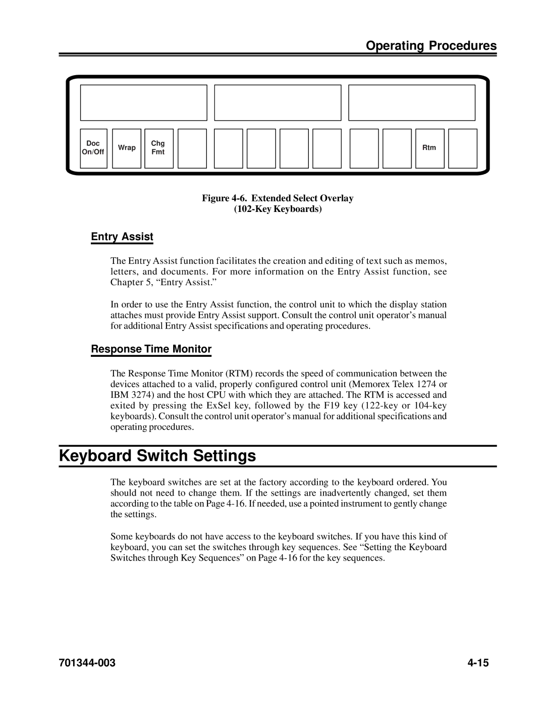 IBM 1483DSV manual Keyboard Switch Settings, Entry Assist, Response Time Monitor 