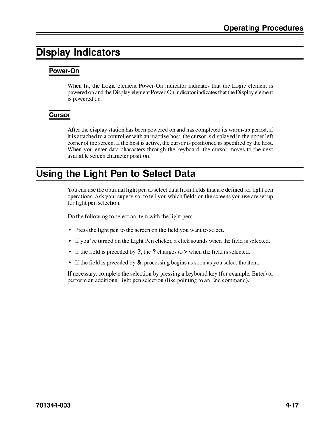 IBM 1483DSV manual Display Indicators, Using the Light Pen to Select Data, Power-On, Cursor 