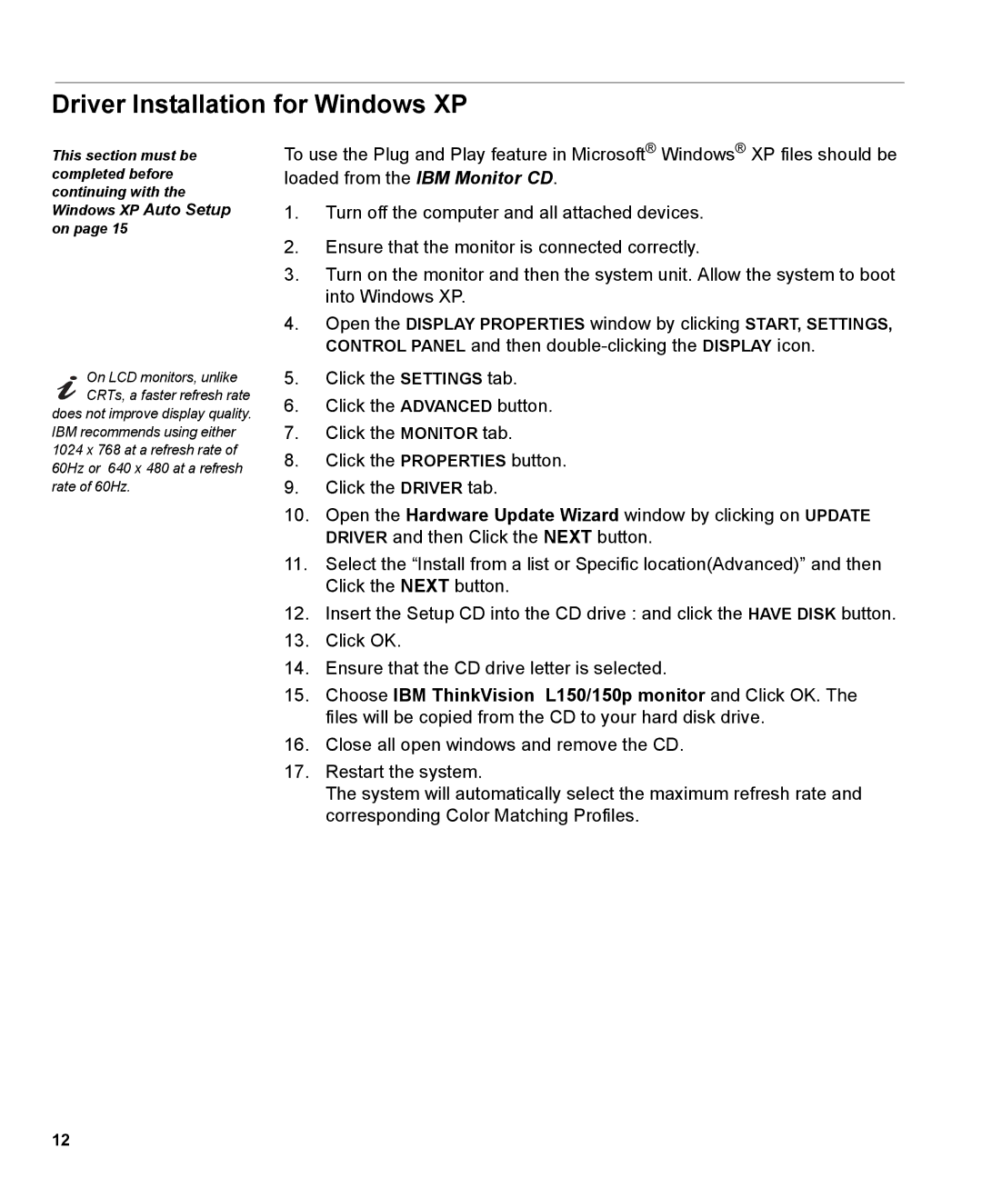 IBM 150P manual Driver Installation for Windows XP 