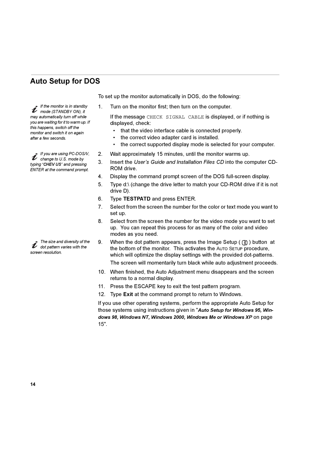 IBM 150P manual Auto Setup for DOS 