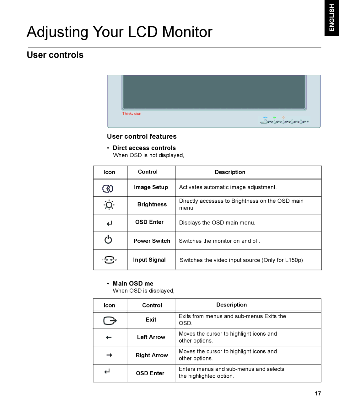 IBM 150P manual Adjusting Your LCD Monitor, User controls, User control features, Input Signal 