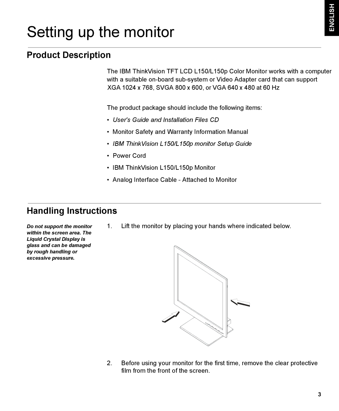 IBM 150P manual Setting up the monitor, Handling Instructions 