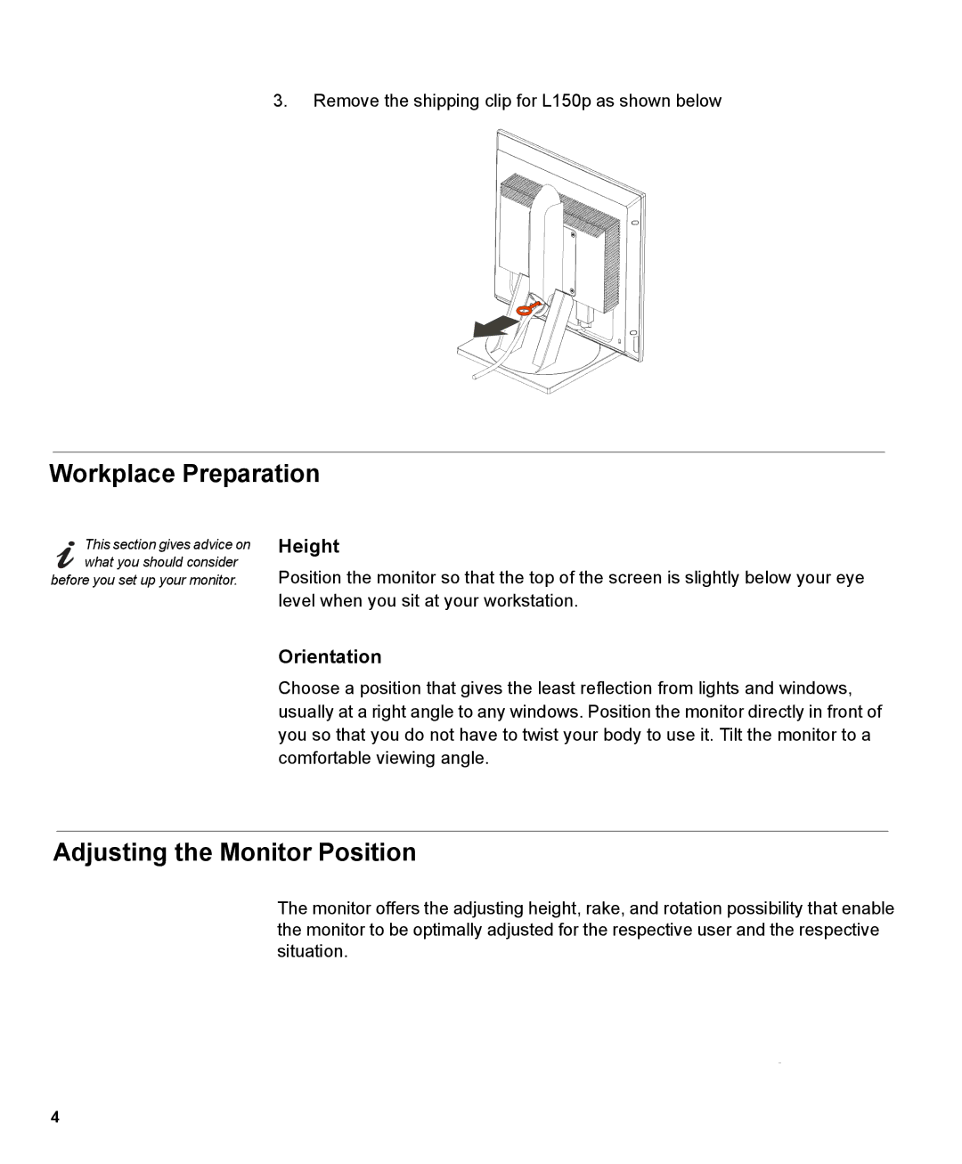 IBM 150P manual Workplace Preparation, Adjusting the Monitor Position, Height, Orientation 