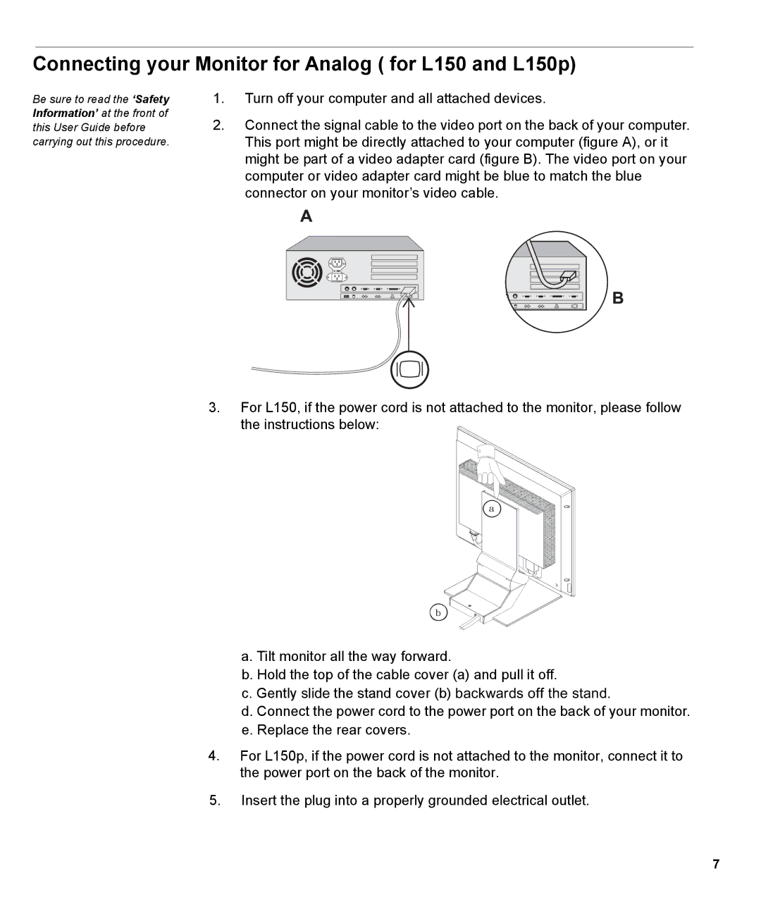 IBM 150P manual Connecting your Monitor for Analog for L150 and L150p 