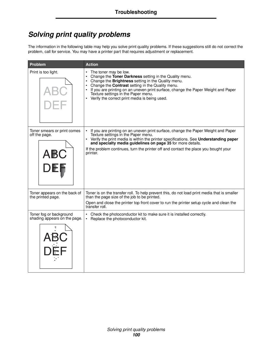 IBM 1585 (MT 4539) Solving print quality problems, Problem Action, Specialty media guidelines on page 35 for more details 