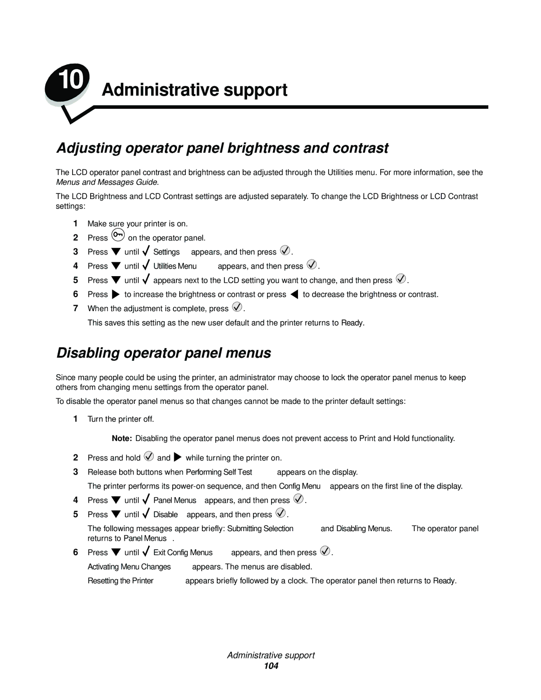 IBM 1585 (MT 4539) manual Adjusting operator panel brightness and contrast, Disabling operator panel menus 