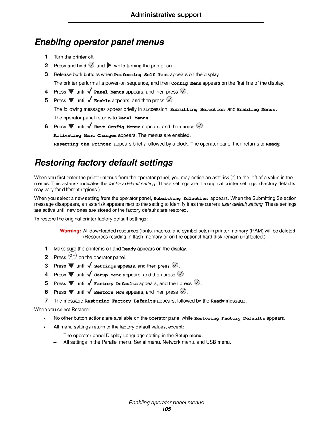 IBM 1585 (MT 4539) manual Enabling operator panel menus, Restoring factory default settings, Administrative support 