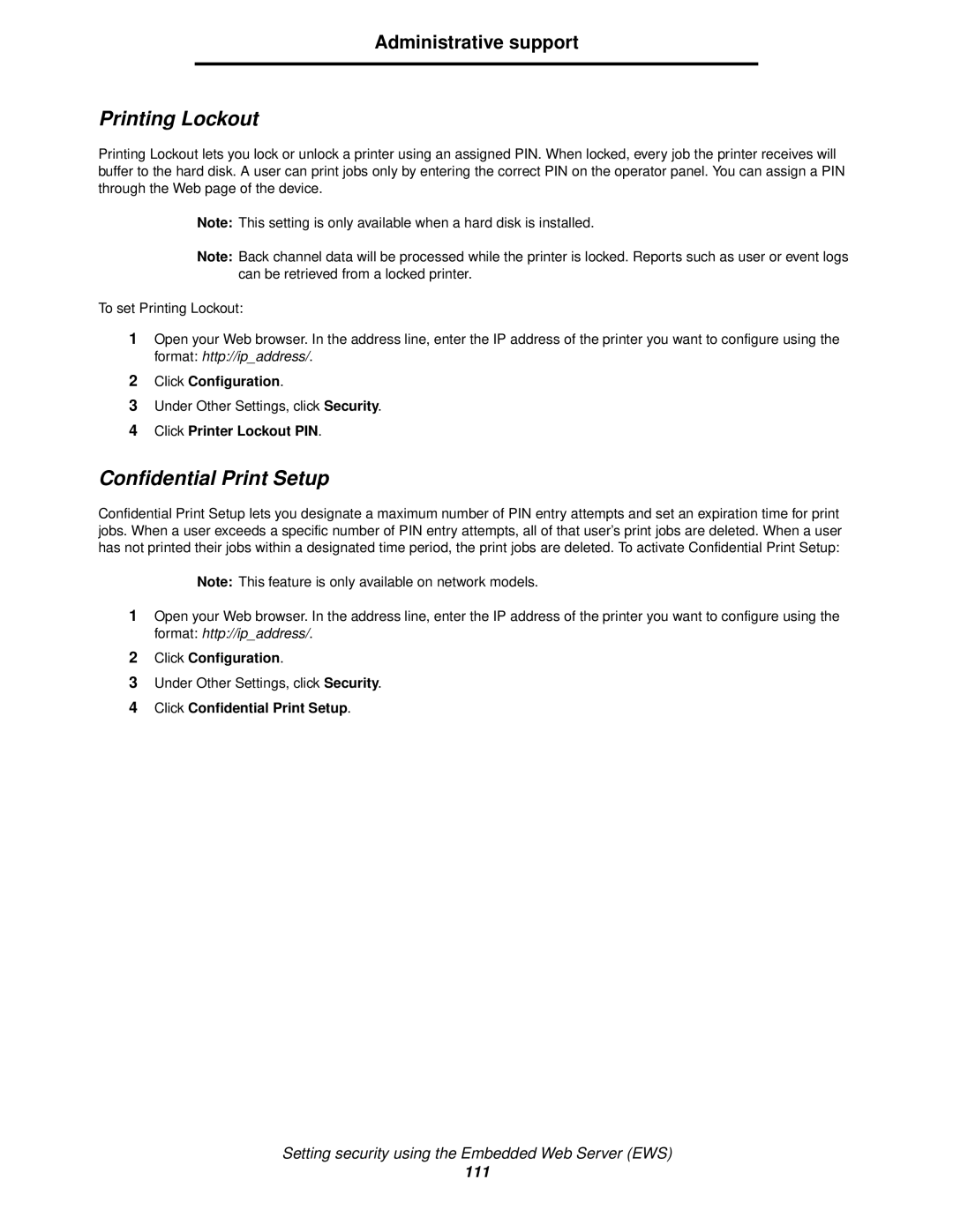 IBM 1585 (MT 4539) manual Printing Lockout, Click Printer Lockout PIN, Click Confidential Print Setup 