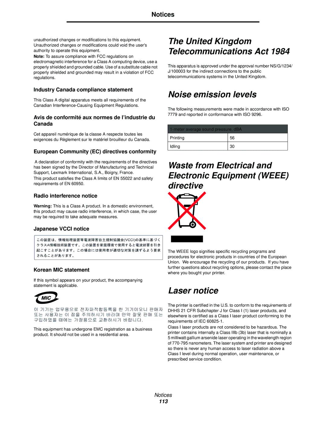 IBM 1585 (MT 4539) manual United Kingdom Telecommunications Act, Noise emission levels, Laser notice 