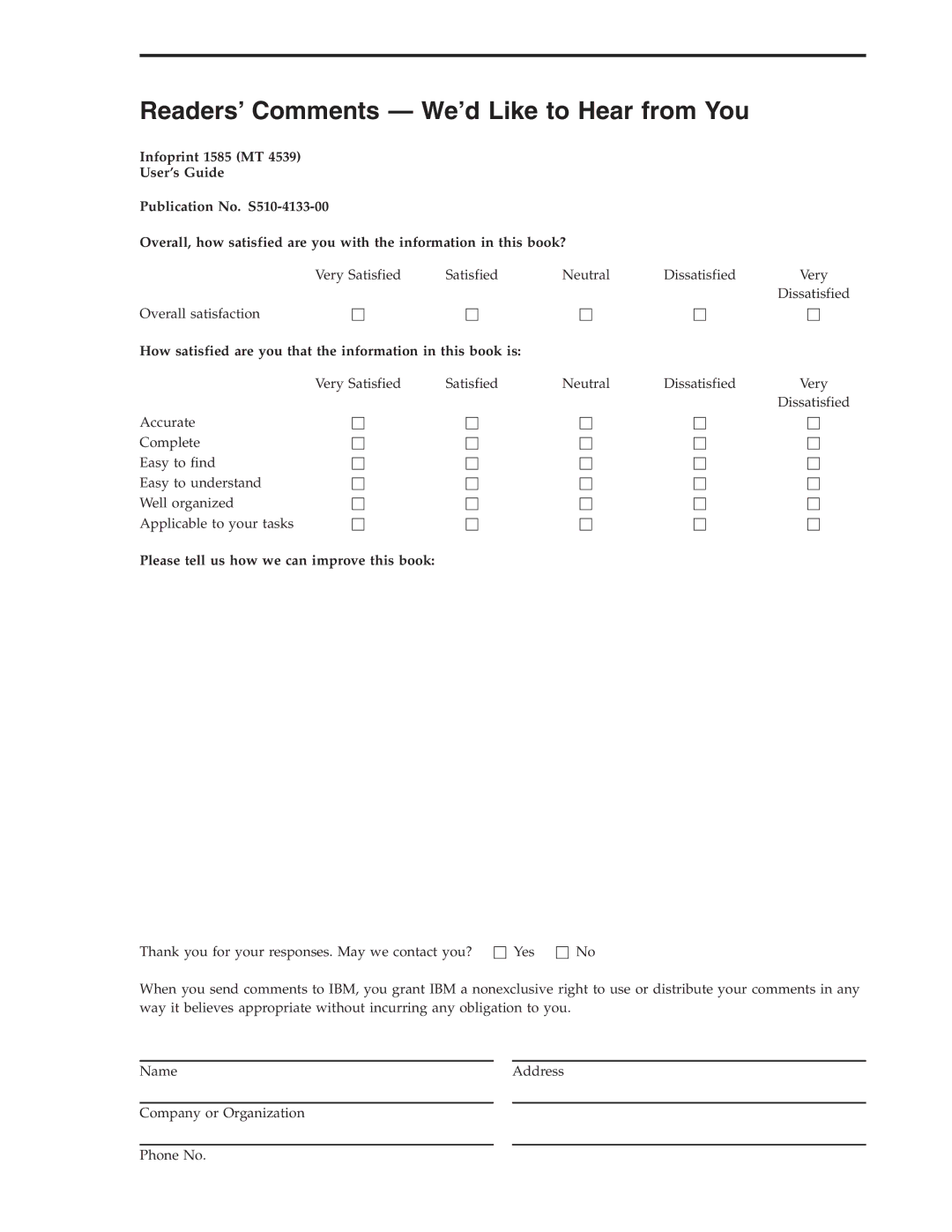 IBM 1585 (MT 4539) manual Readers’ Comments We’d Like to Hear from You 