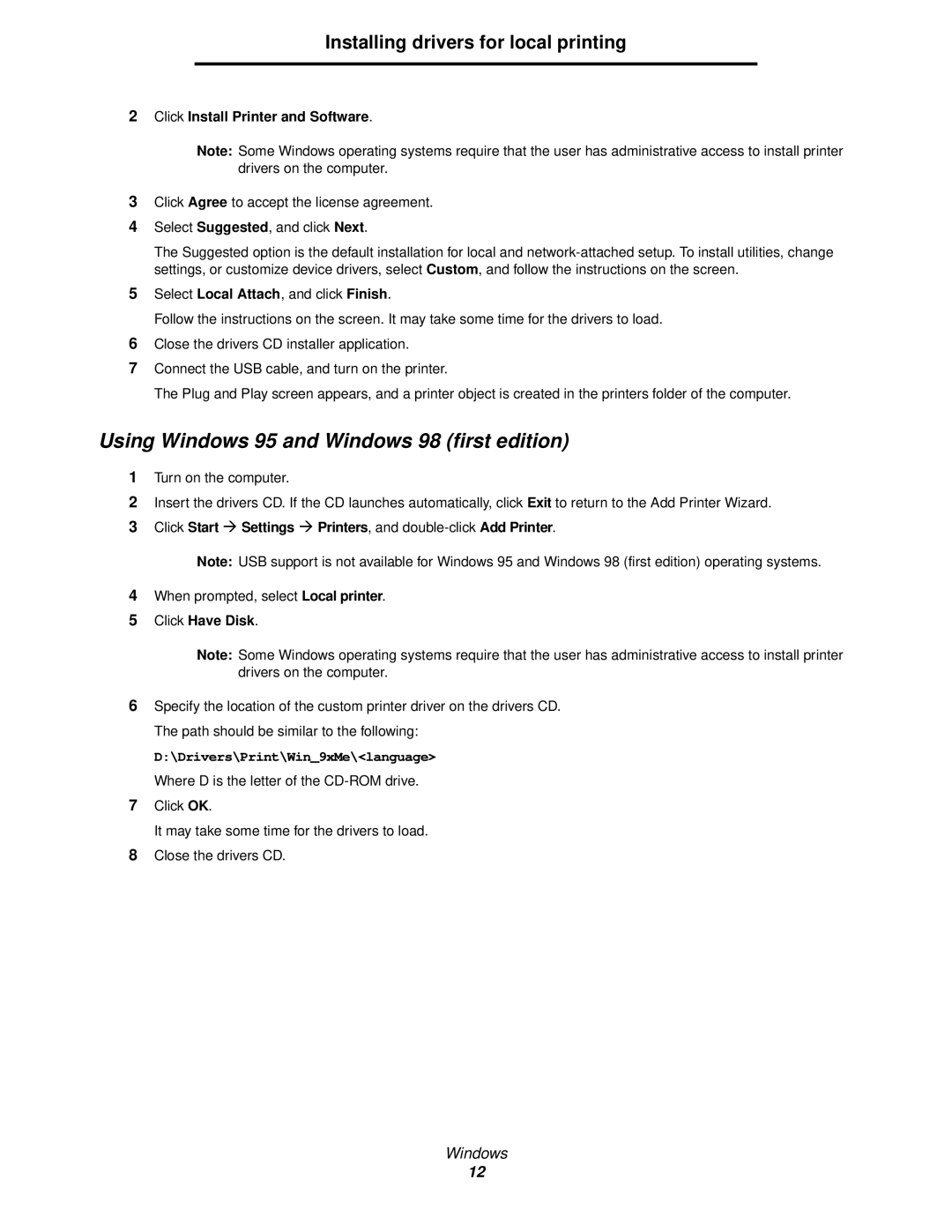 IBM 1585 (MT 4539) Using Windows 95 and Windows 98 first edition, Installing drivers for local printing, Click Have Disk 