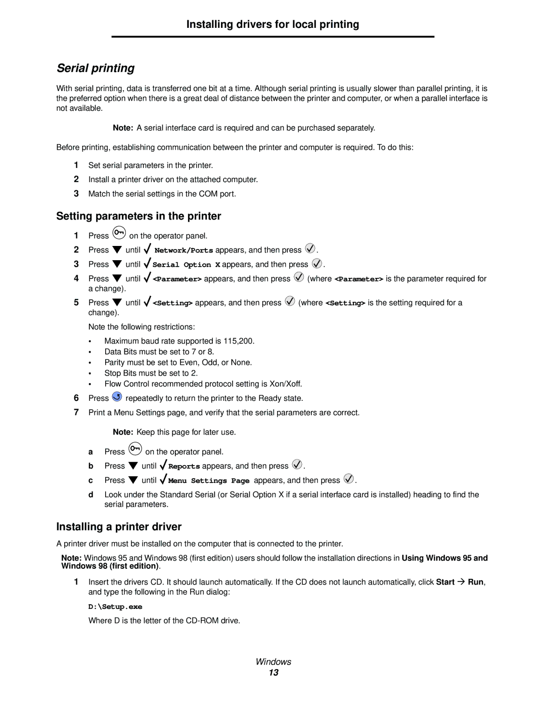 IBM 1585 (MT 4539) manual Serial printing, Setting parameters in the printer, Installing a printer driver 