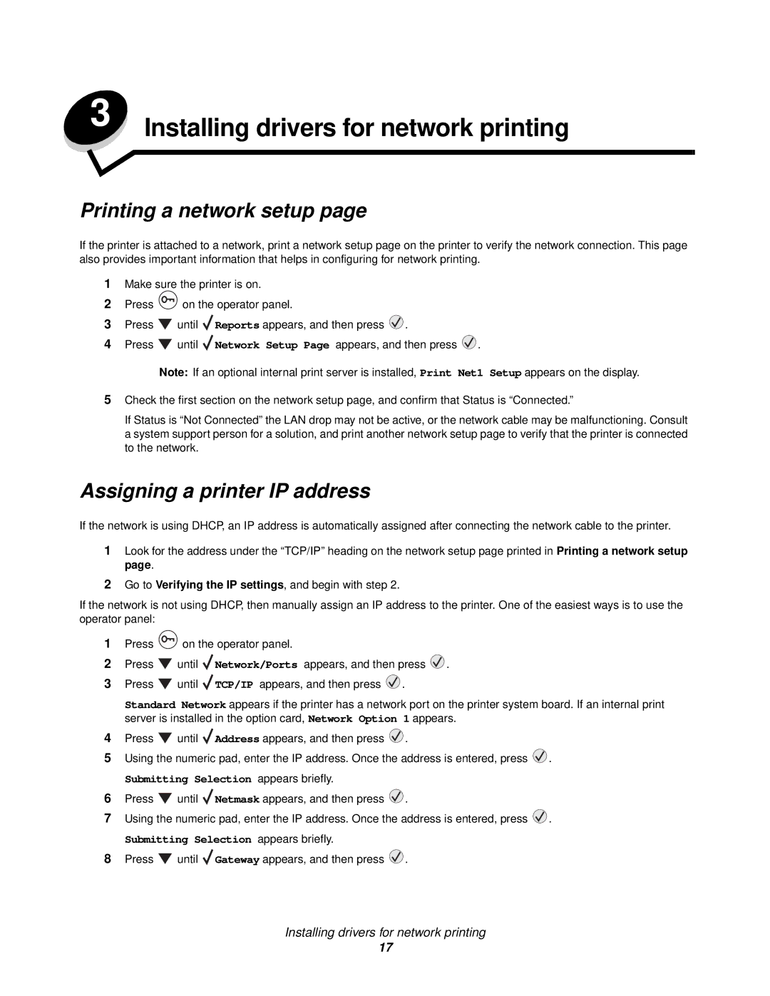 IBM 1585 (MT 4539) manual Printing a network setup, Assigning a printer IP address 