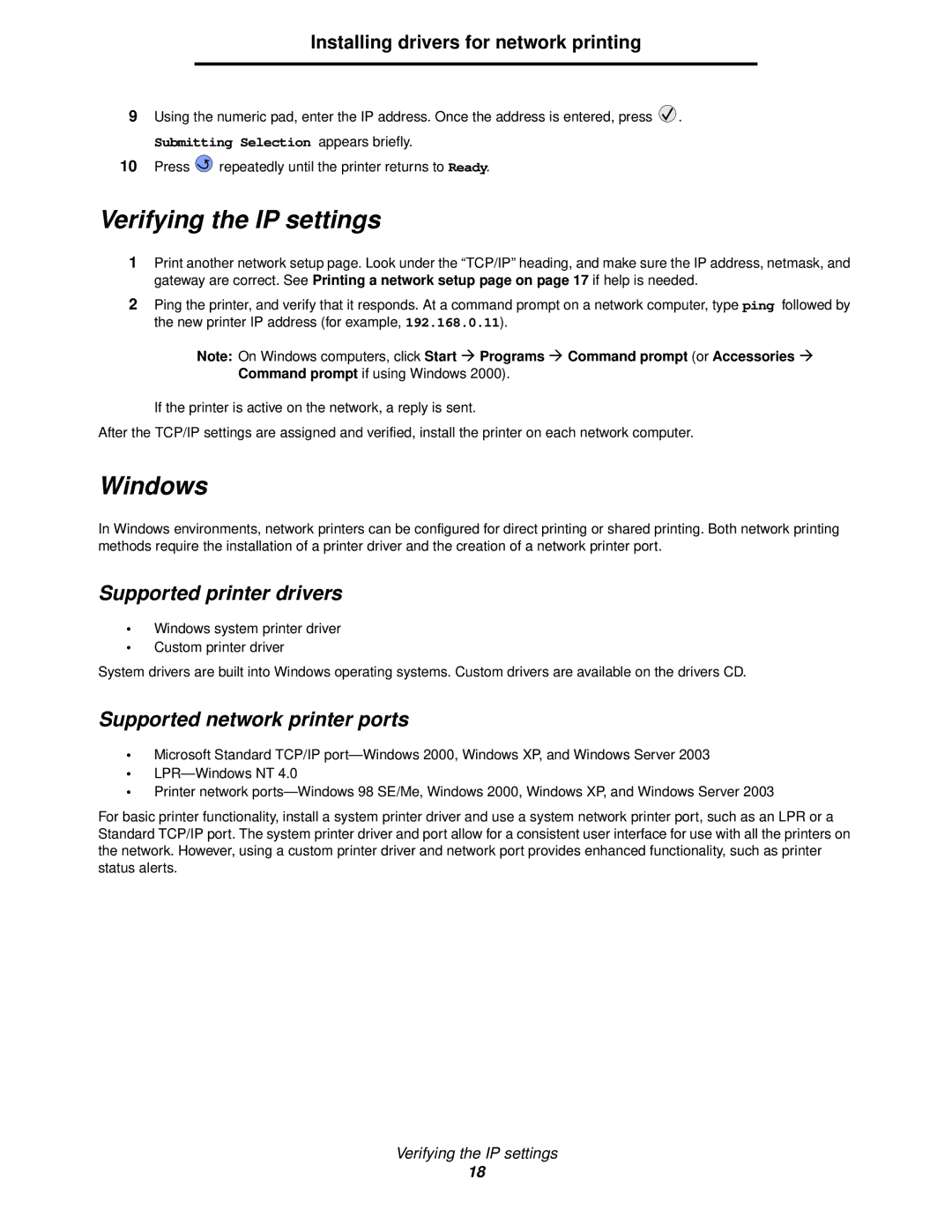 IBM 1585 (MT 4539) manual Verifying the IP settings, Supported printer drivers, Supported network printer ports 