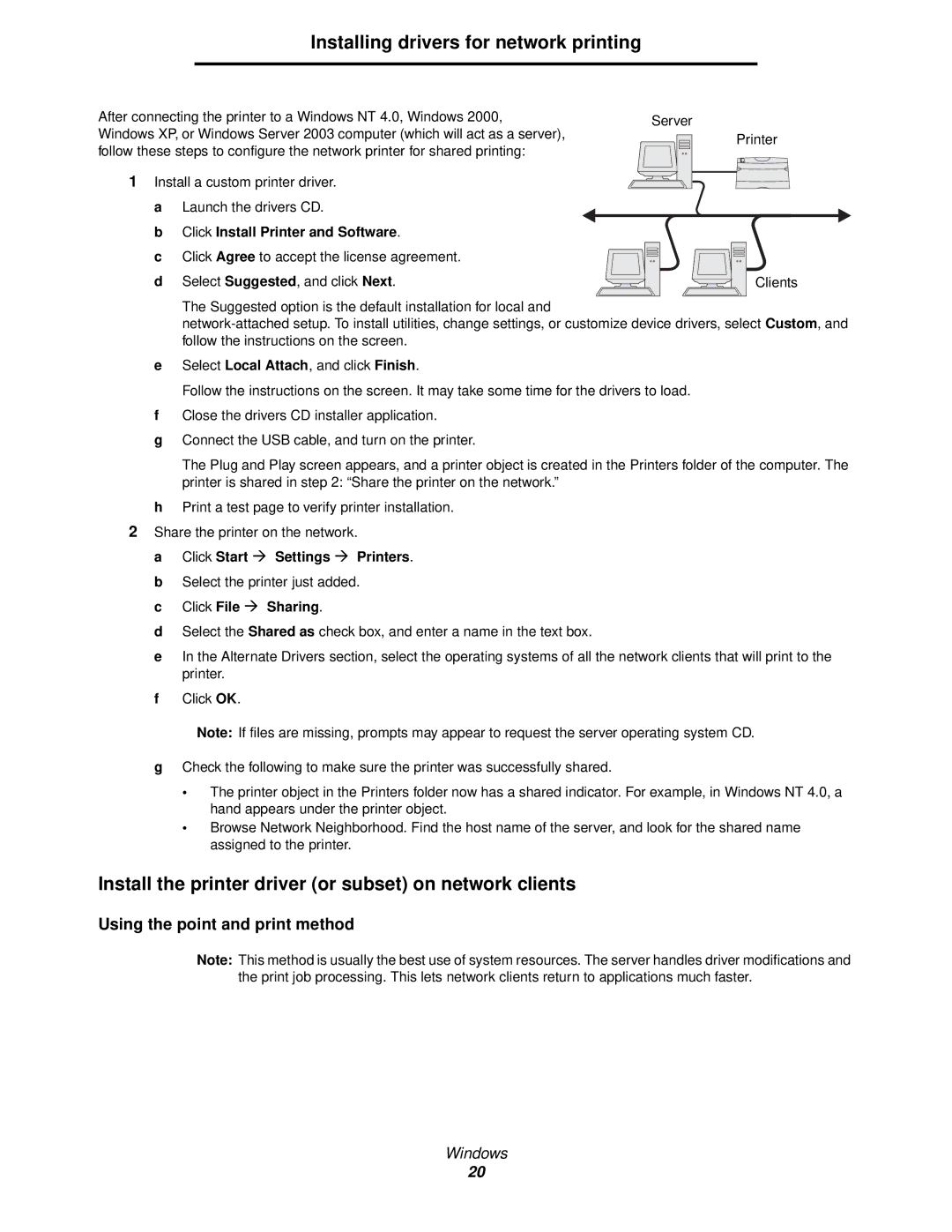 IBM 1585 (MT 4539) manual Install the printer driver or subset on network clients 