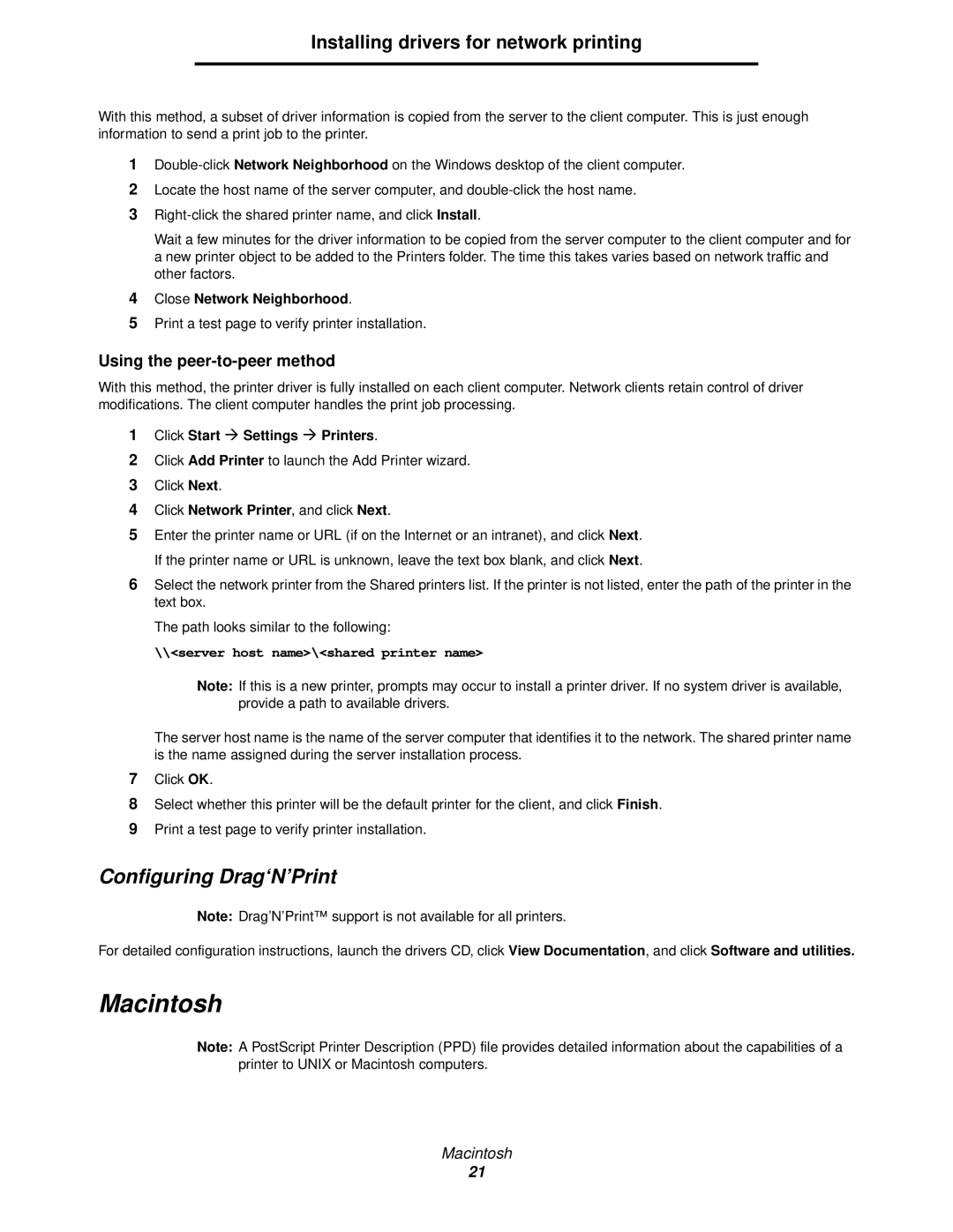 IBM 1585 (MT 4539) manual Configuring Drag‘N’Print, Close Network Neighborhood, Click Start Æ Settings Æ Printers 