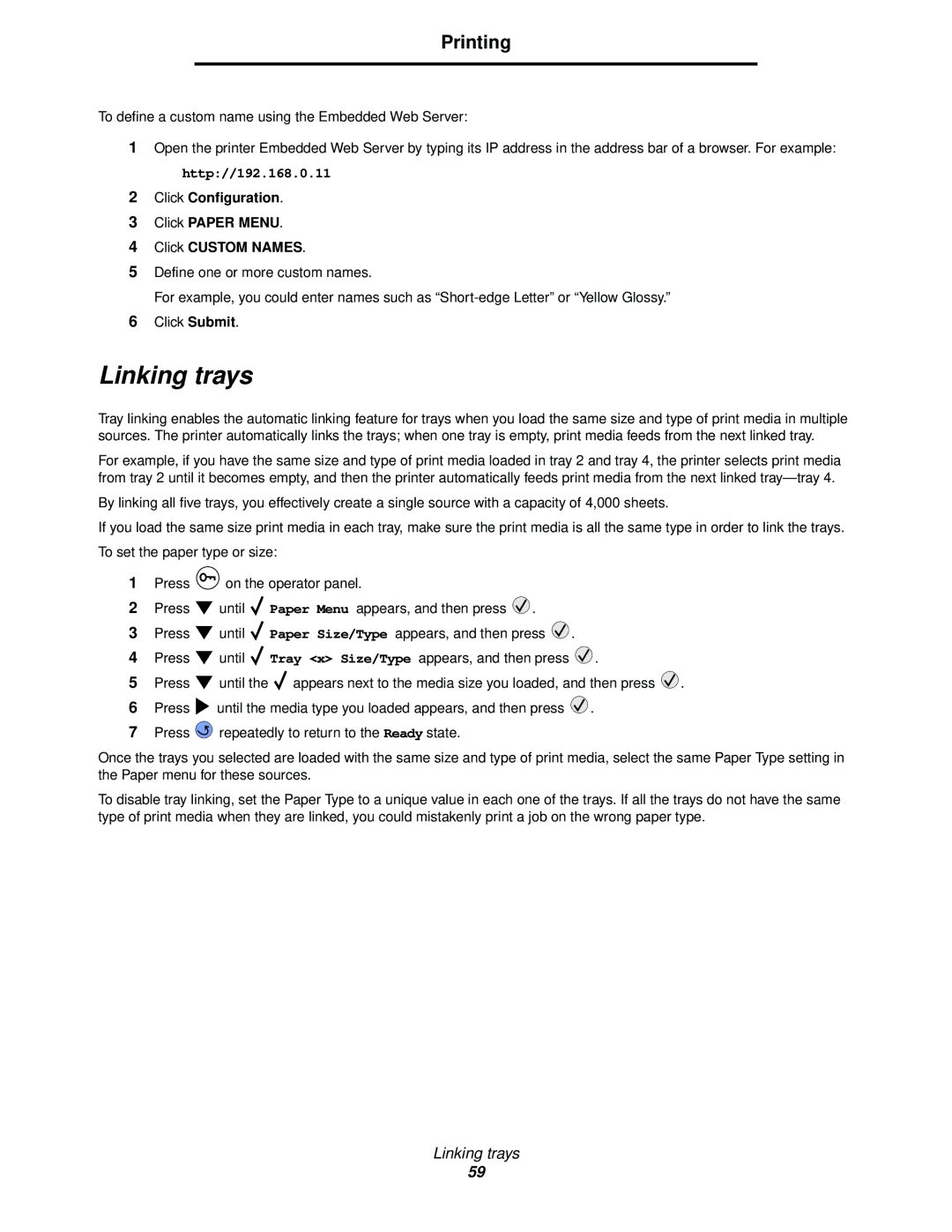 IBM 1585 (MT 4539) manual Linking trays, Click Configuration Click Paper Menu Click Custom Names 