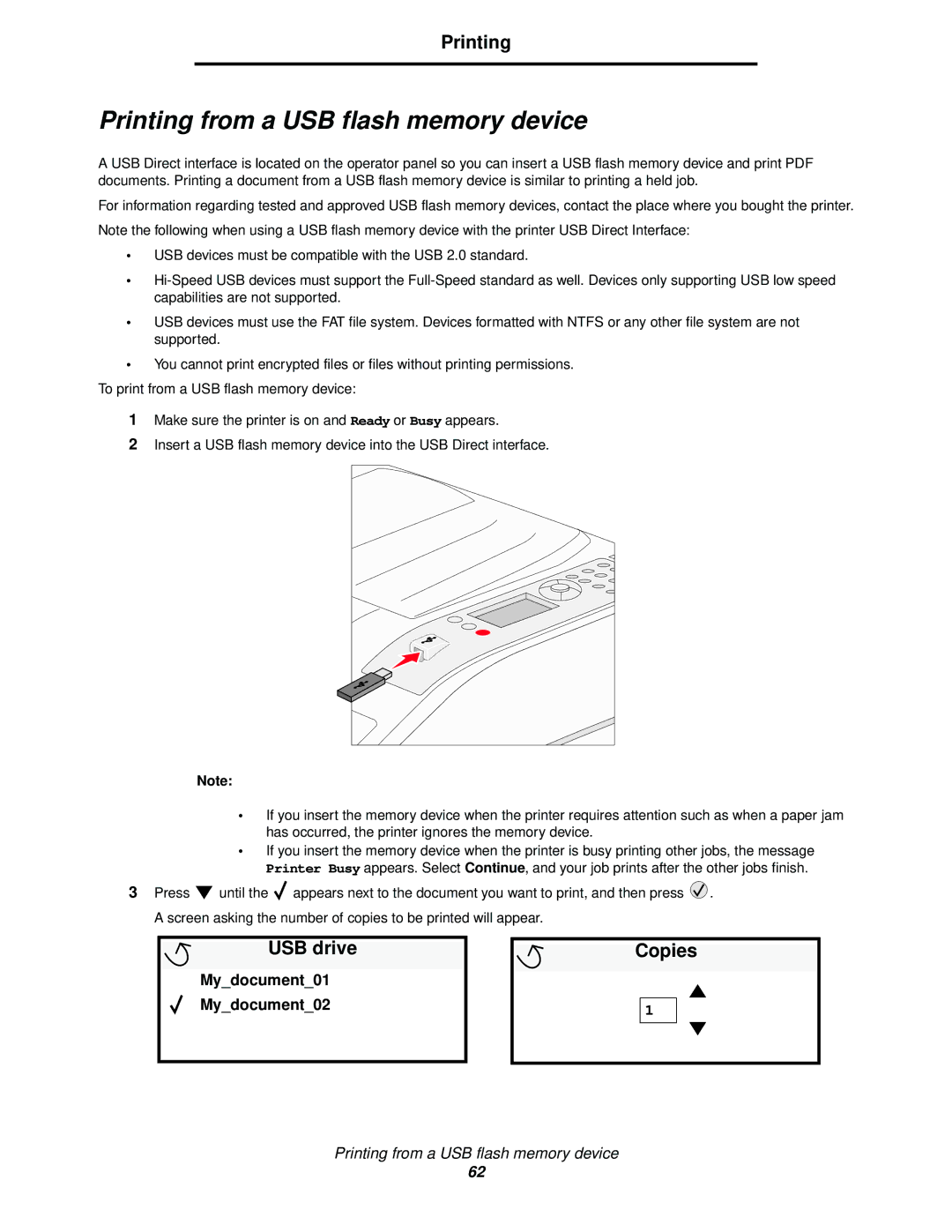 IBM 1585 (MT 4539) manual Printing from a USB flash memory device, USB drive, Copies 