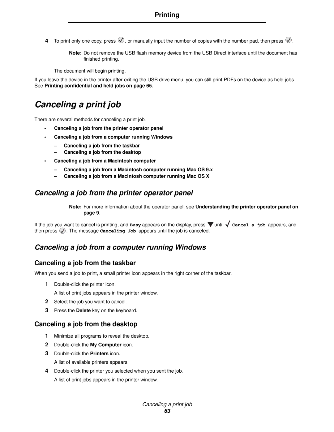 IBM 1585 (MT 4539) manual Canceling a print job, Canceling a job from the printer operator panel 