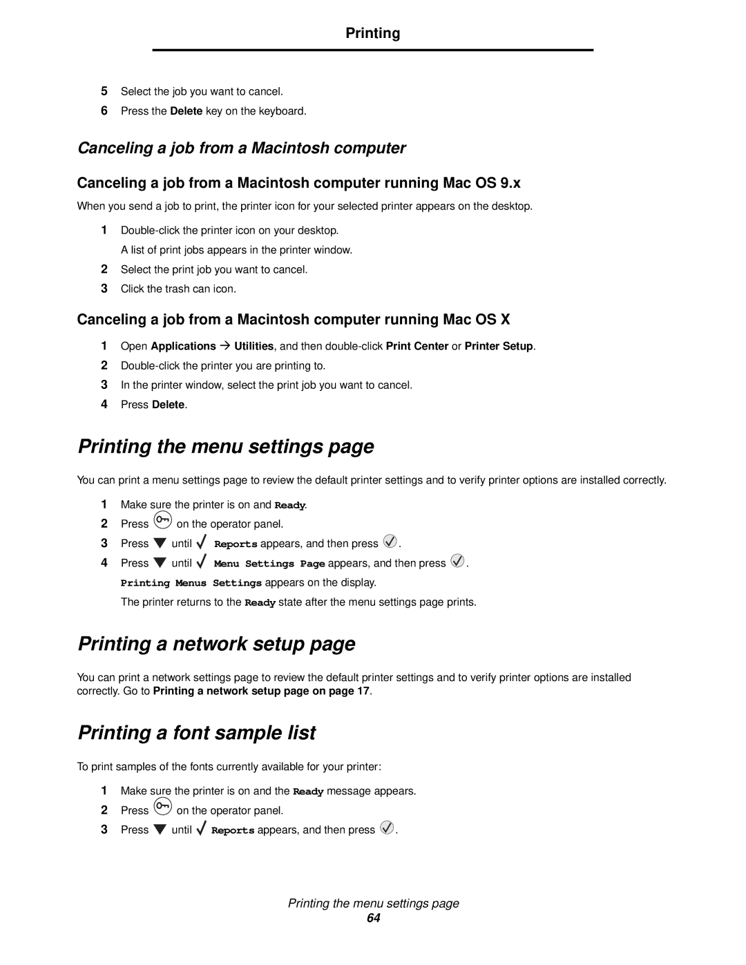 IBM 1585 (MT 4539) Printing the menu settings, Printing a font sample list, Canceling a job from a Macintosh computer 