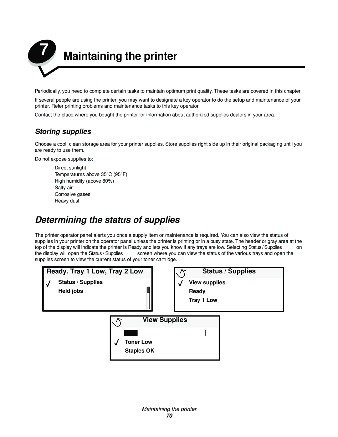 IBM 1585 (MT 4539) Determining the status of supplies, Storing supplies, Ready. Tray 1 Low, Tray 2 Low…, Status / Supplies 