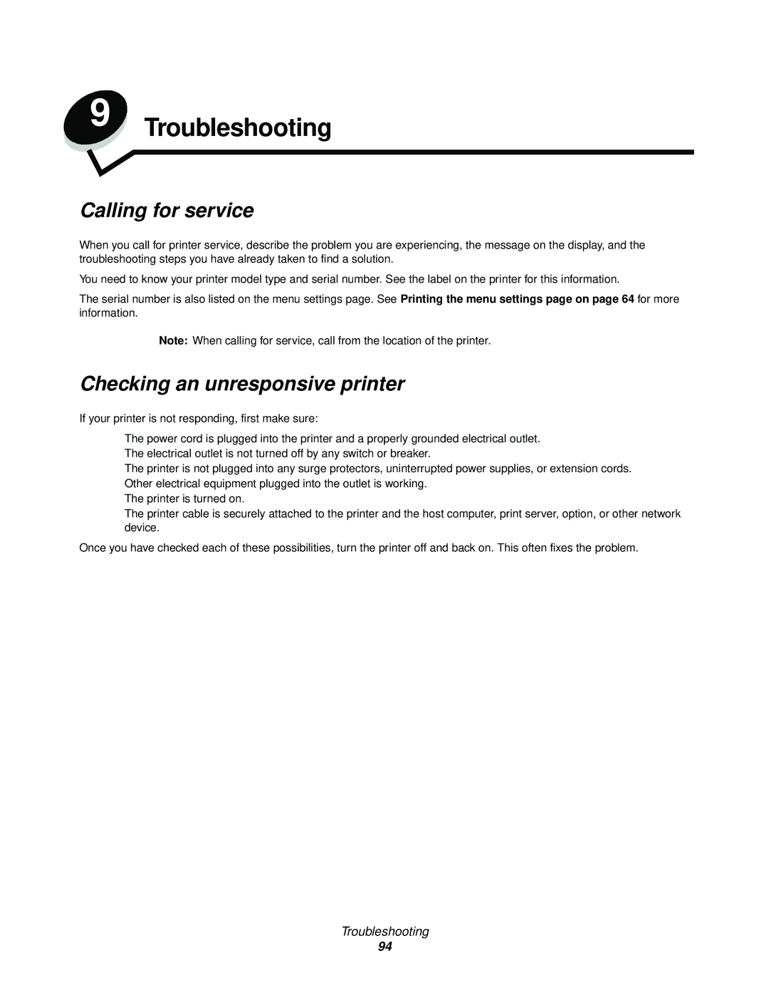 IBM 1585 (MT 4539) manual Calling for service, Checking an unresponsive printer 