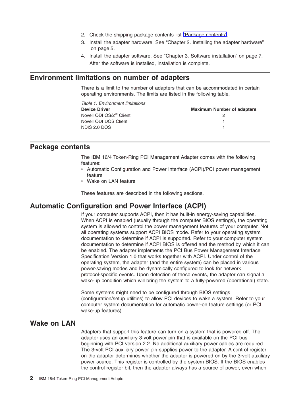 IBM 16/4 Token-Ring manual Environment limitations on number of adapters, Package contents, Wake on LAN 