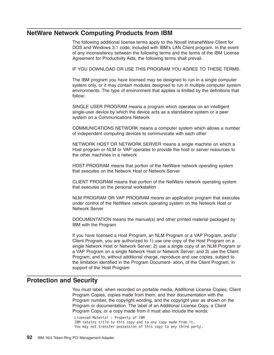 IBM 16/4 Token-Ring manual NetWare Network Computing Products from IBM, Protection and Security 