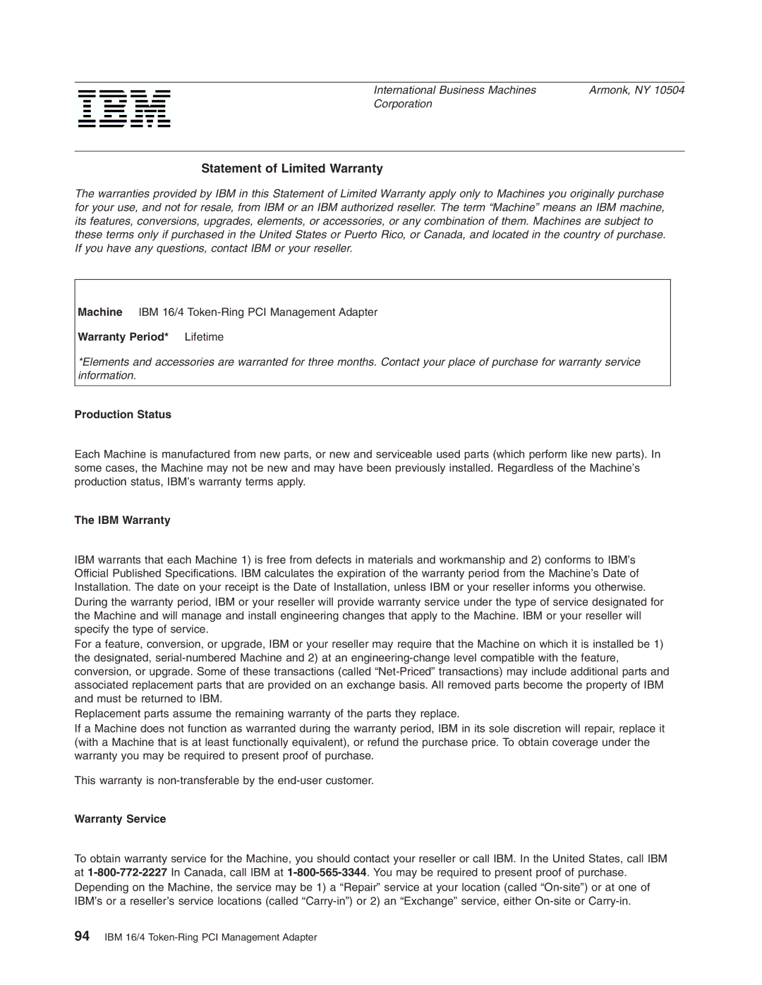 IBM 16/4 Token-Ring manual Warranty Period* Lifetime, Production Status, IBM Warranty, Warranty Service 