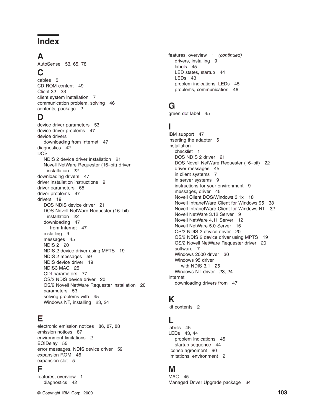 IBM 16/4 Token-Ring manual Index, Dos 