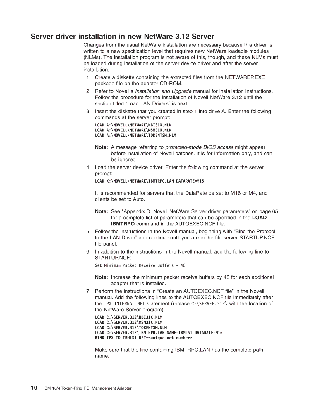 IBM 16/4 Token-Ring manual Server driver installation in new NetWare 3.12 Server, Startup.Ncf 