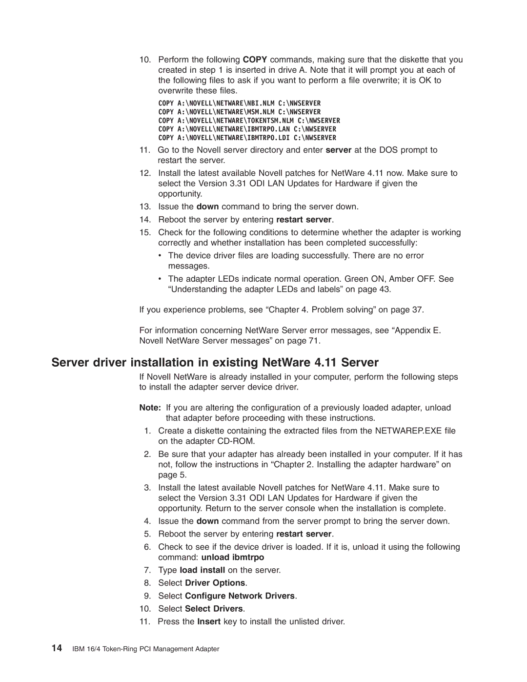 IBM 16/4 Token-Ring manual Server driver installation in existing NetWare 4.11 Server 