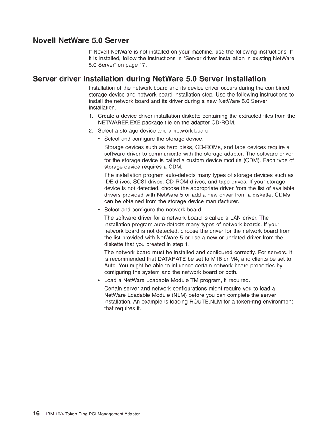 IBM 16/4 Token-Ring manual Novell NetWare 5.0 Server 