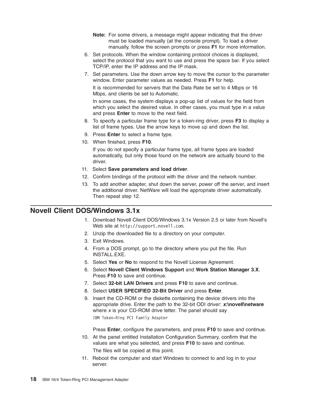 IBM 16/4 Token-Ring manual Novell Client DOS/Windows, Select Save parameters and load driver 