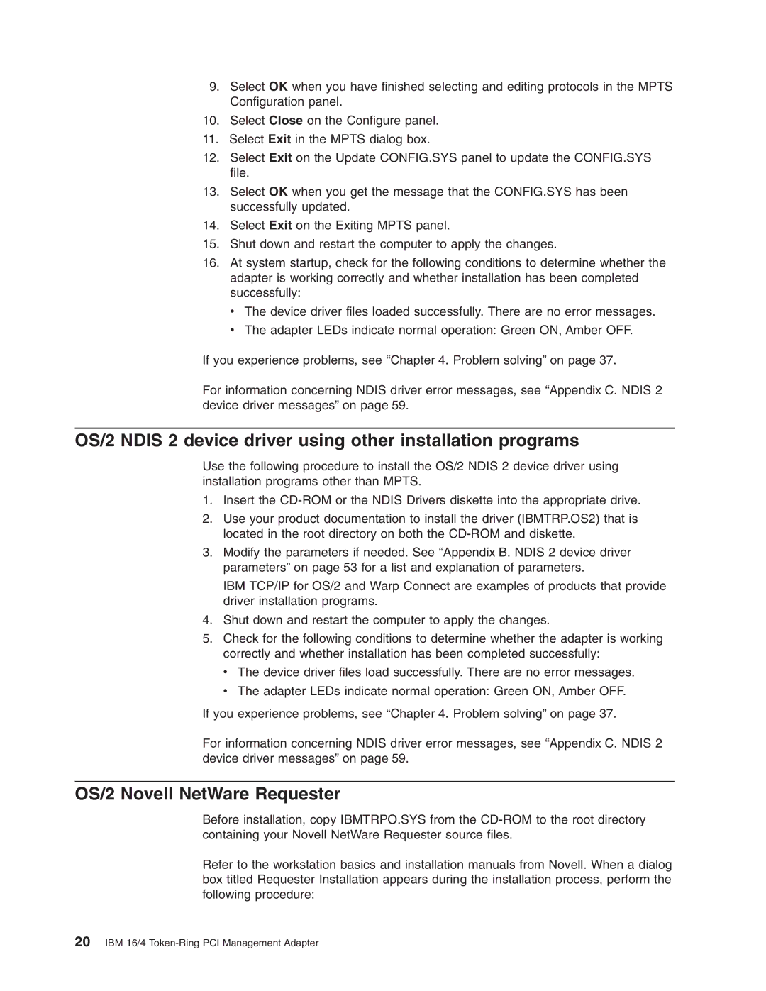 IBM 16/4 Token-Ring manual OS/2 Ndis 2 device driver using other installation programs, OS/2 Novell NetWare Requester 