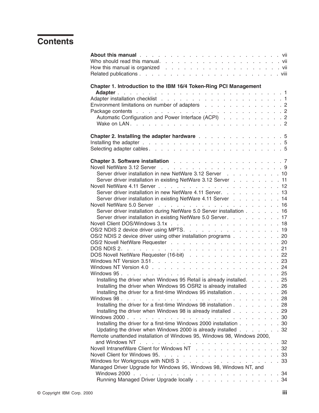 IBM 16/4 Token-Ring manual Contents 