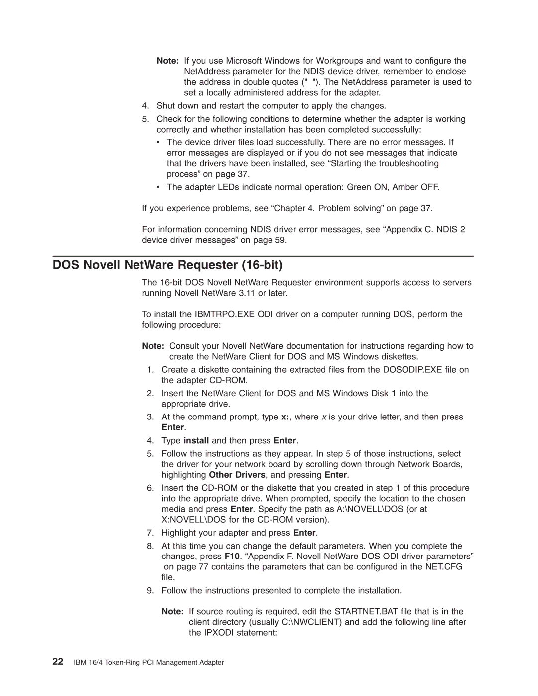 IBM 16/4 Token-Ring manual DOS Novell NetWare Requester 16-bit 